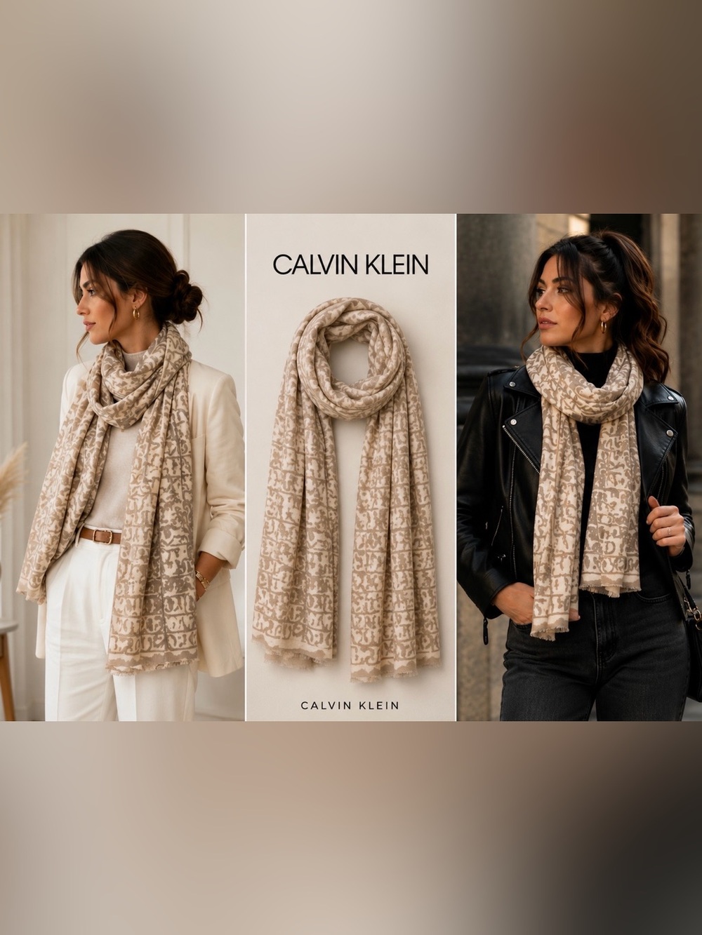 Calvin Klein Cream and Gold Logo Jacquard Scarf